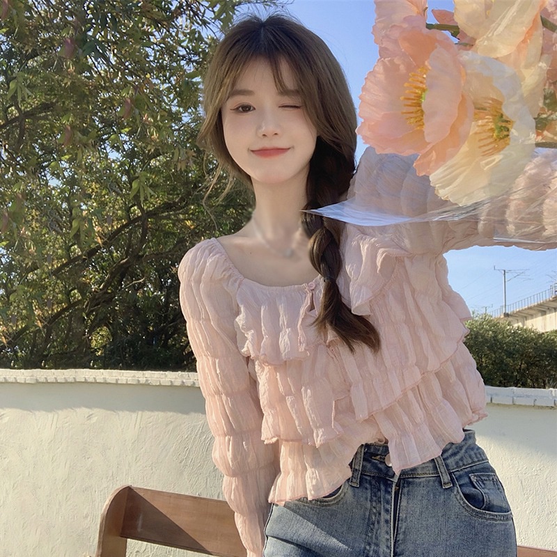 Áo Crop Top Vải Voan Tay Dài Cổ Tròn Nhún Bèo Màu Sắc Ngọt Ngào Phong Cách Hàn Quốc Thời Trang Cho Nữ