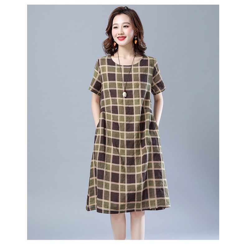 Váy Công Sở Kẻ Caro Ngăn Tay Dáng Suông Chất Đũi Mát Da183