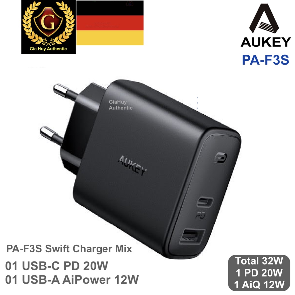 Củ sạc nhanh IP13 Series, IP12 Series, Tablet táo Pro, S10, Note 10 AUKEY PA-F3S 32W (01 C PD 3.0 20W & 01 A AiQ 12W)