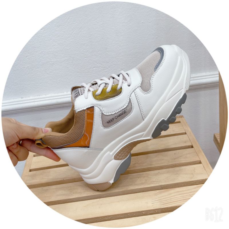 LoH(ẢMH THẬT) Giày Thể Thao Nữ Nâng Đế 6p Nâu Vàng Pha Lưới Da Mềm Êm Fullbox Cao Cấp