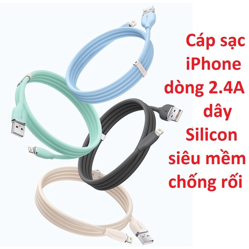 Cáp sạclightning cho điện thoại iP 2.4A dây silicon siêu mềm chống rối Baseus Jelly Liquid Silica Gel