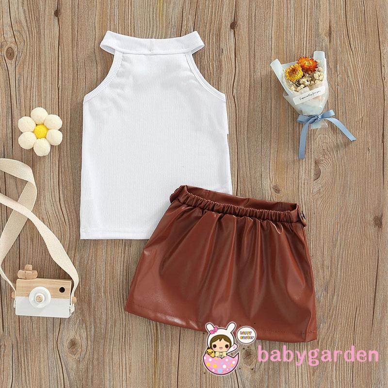 BABYGARDEN 6 Months-5 Years Baby Girls Set, Solid Color Round Neck Sleeveless Ribbed Tops+ Leather Skirt for Summer