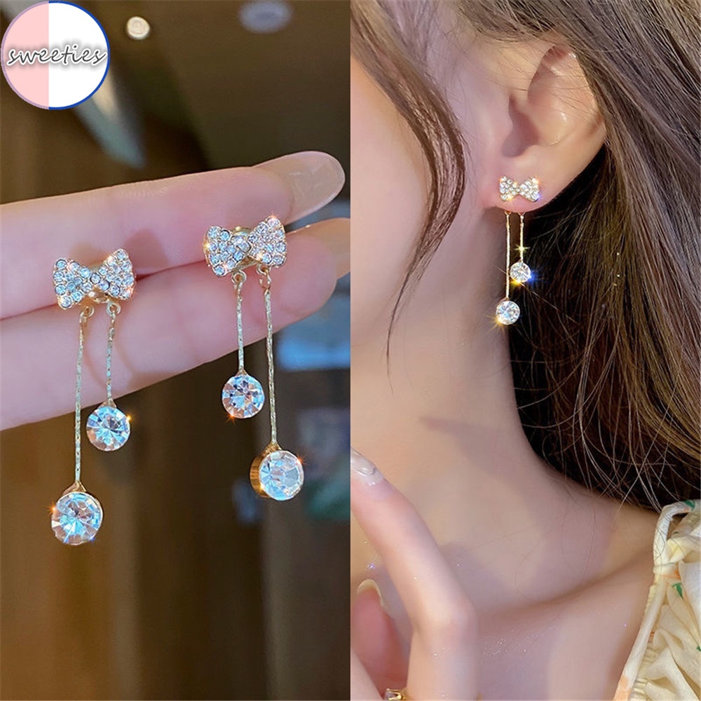 Đôi bông tai dáng dài đính đá zircon hình nơ ngôi sao thời trang cho nữ