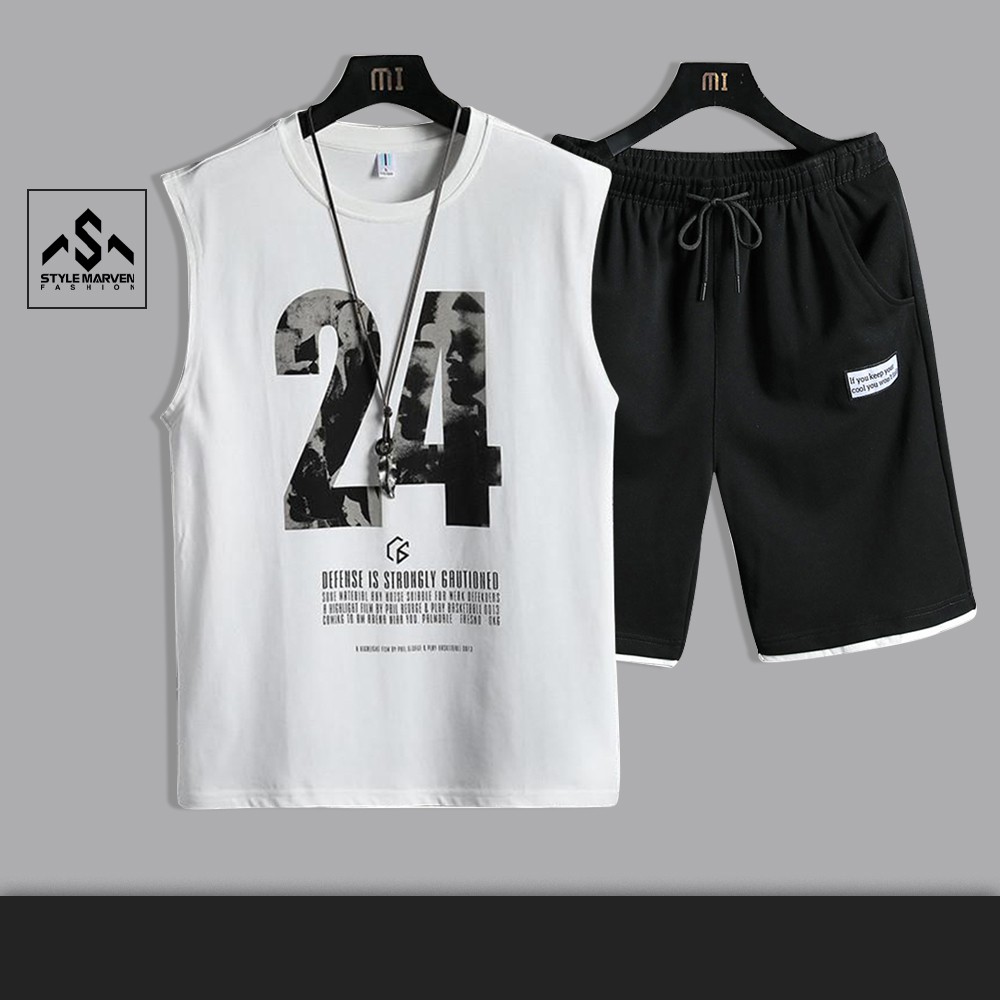 Bộ thun nam sát nách 24 STYLE MARVEN áo phông ba lỗ kết hợp quần shorts túi trơn thể thao - SET NAM 90000160