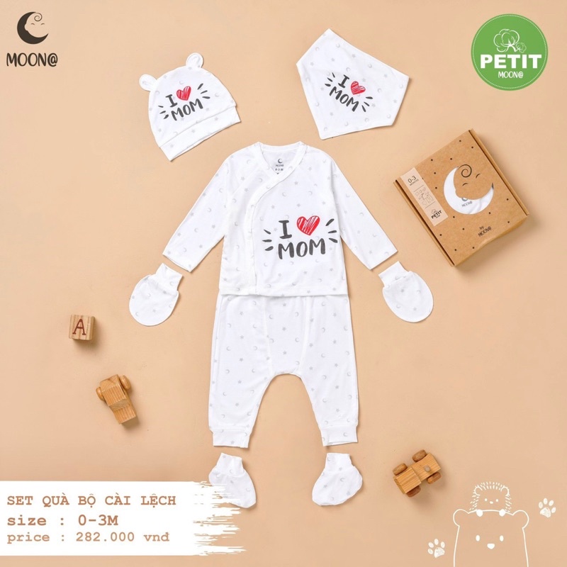 Set bộ sơ sinh petit Moon kèm hộp gồm 5 sản phẩm (bộ quần áo + bao tay chân+ yếm + mũ )(như ảnh)