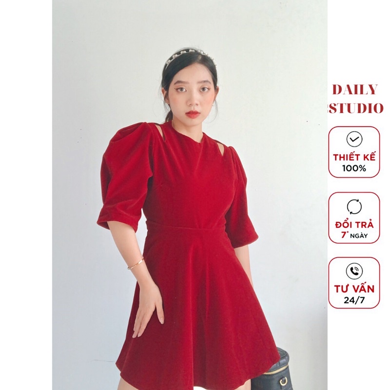 [THIẾT KẾ CAO CẤP]Váy nhung đỏ khoét ngực đỏ đen tay ngắn chữ A