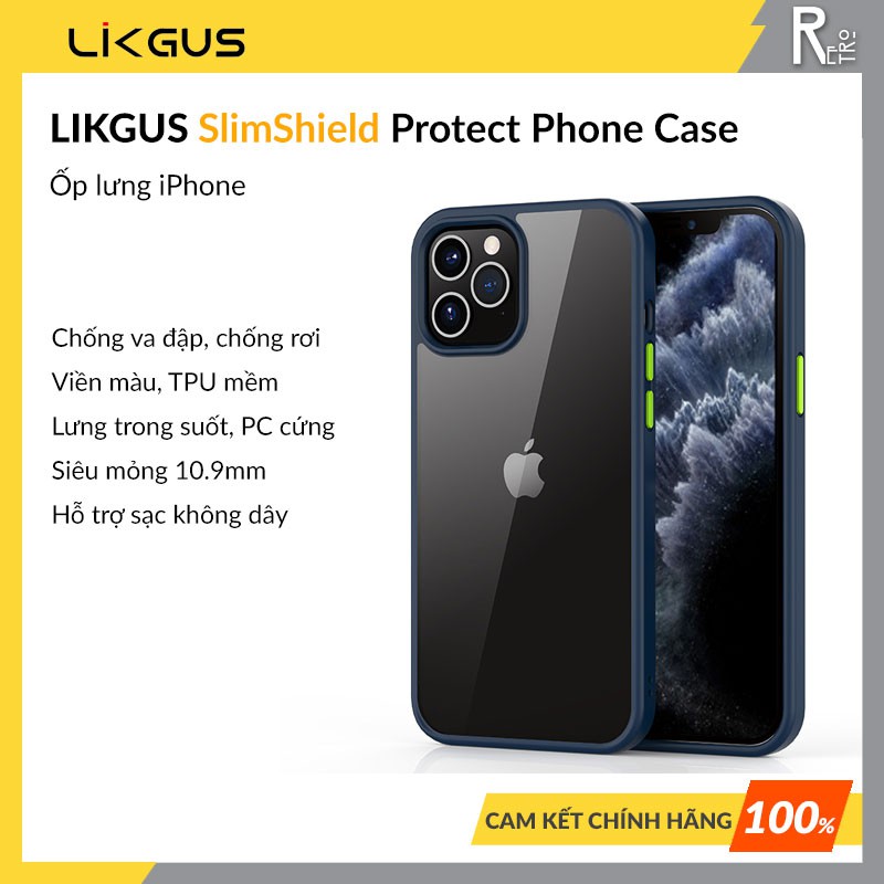 Ốp Lưng iPhone Likgus Lưng Trong Suốt Viền Màu Dùng Cho iPhone 12 Pro Max, 11 Pro Max, Đạt Tiêu Chuẩn Quân Đội