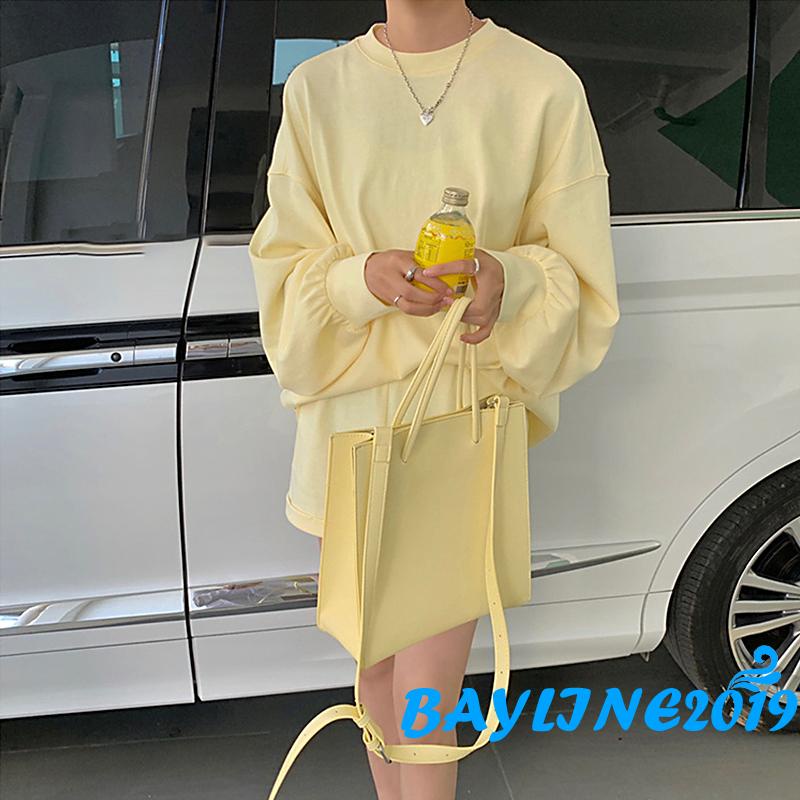 Set áo thun tay dài cổ tròn dáng rộng màu sắc đơn giản dành cho nữ