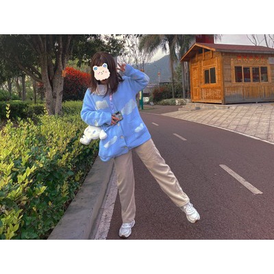 Cardigan họa tiết xanh bầu trời mây trắng túi áo bản lớn Nihon style