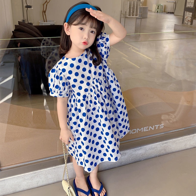 Đầm Công Chúa Mùa Hè Bằng Cotton Nguyên Chất Tay Phồng Họa Tiết Chấm Bi Phong Cách Hàn Nhật 2022 Mới Cho Bé Gái