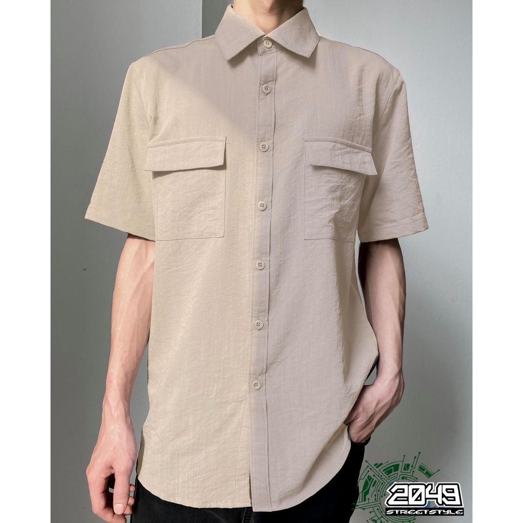 Áo Đũi Nam Sơ Mi Cổ Bẻ Dáng Cộc Tay Linen Basic Túi Hộp Trẻ Trung