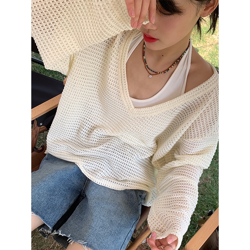 Áo ZHELIHANGFEI vải dệt kim tay dài cổ chữ V dáng rộng quyến rũ dễ phối đồ