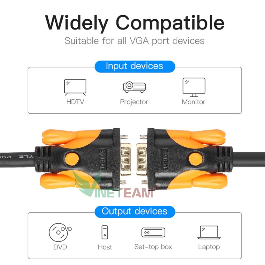 Cáp VGA 1080P 3m chuẩn 3+9 Bajeal Vga Sang Vga Cho Màn Hình Máy Chiếu -DC4448