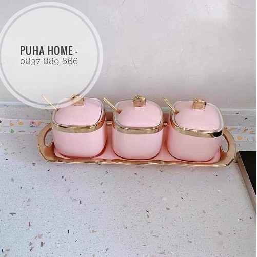 Set 3 hũ gia vị thìa vàng cao cấp [ƯU ĐÃI] Sét đựng gia vị kèm thìa vàng, khay đựng bằng sứ cao cấp