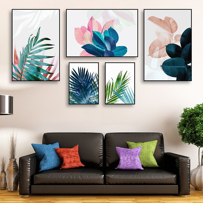 Tranh treo tường canvas lá nghệ thuật 4 decor trang trí phòng khách &amp; phòng ngủ có khung cao cấp bộ 5 bức tặng đinh treo