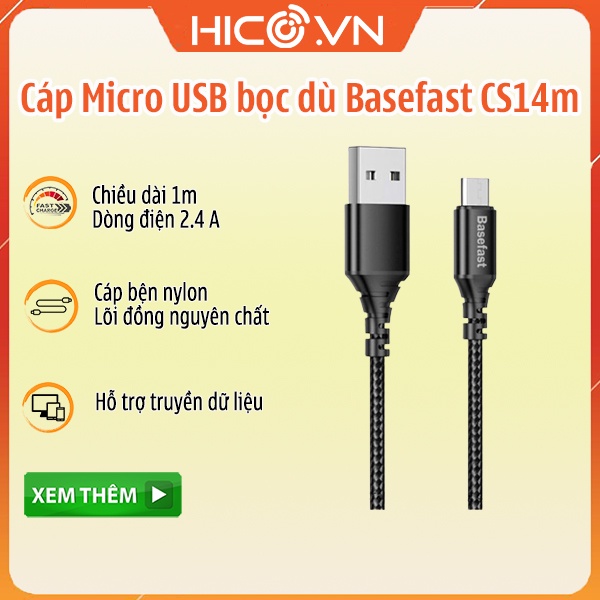 Cáp sạc điện thoại, Cáp Sạc Nhanh Basefast CS14 2.4A TypeC - Micro - Ip Dài 1m, Hỗ Trợ Truyền Dữ Liệu, hàng chính hãng