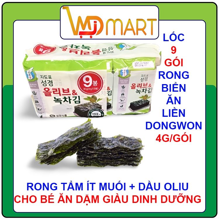 Lốc 9 gói Rong biển ăn liền vị dầu oliu + trà xanh Sung gyung Hàn quốc 4g/gói