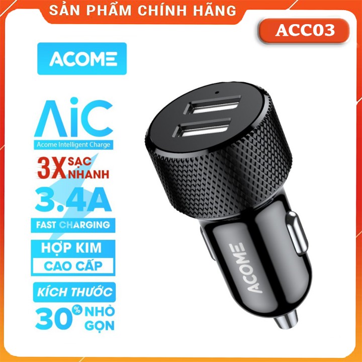 Cốc Sạc - Tẩu sạc Ôtô ACOME ACC03 2 Output Sạc Nhanh 2.4A Đèn LED Báo Hiệu