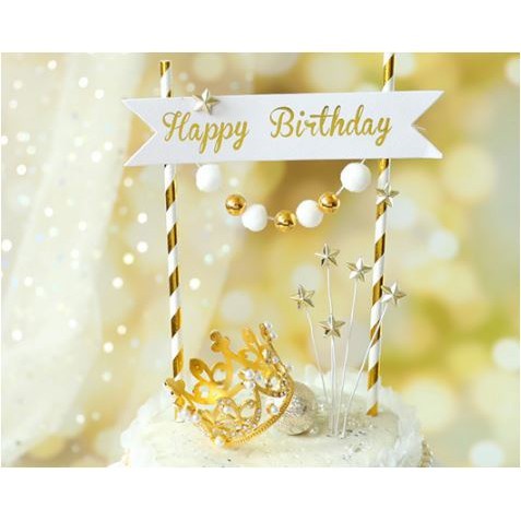 Cờ Trang Trí Bánh Sinh Nhật Màu Trắng Vàng Bạc