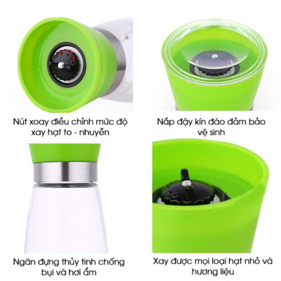 Lọ xay tiêu, Cối xay tiêu cầm tay thủy tinh, nắp nhựa chắc chắc, tiện dụng và thông minh.
