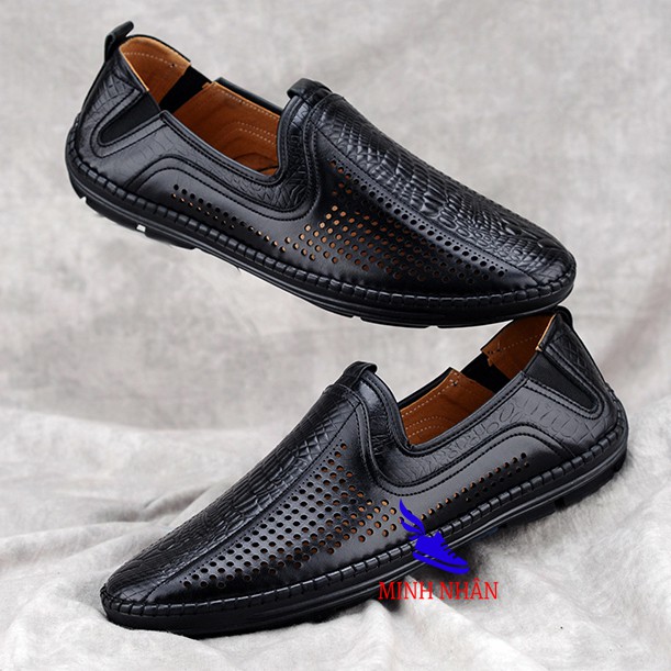 Giày rọ nam da bò cao cấp nguyên tấm Slipons đế khâu mùa hè đục lỗ thoáng khí Men’s Summer Shoes H-5 màu đen