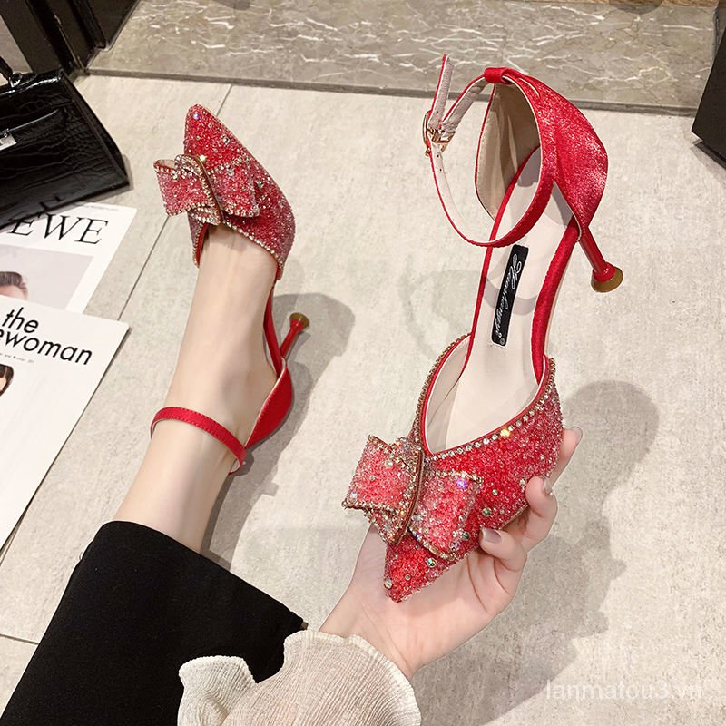 Rhinestone Pointed Toe Heels2021Spring New Bow Ankle-Strap Stilettos Pumps Dress Banquet Wedding Shoes