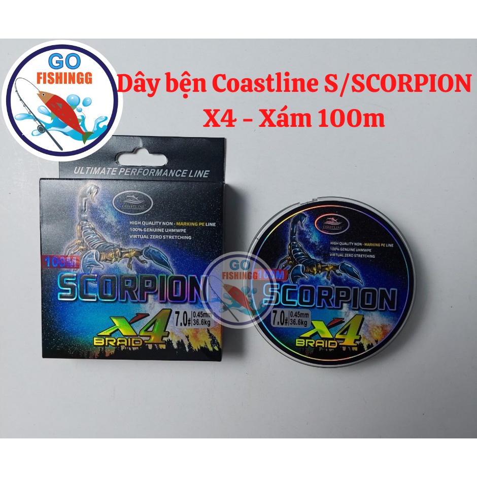 Dây dù câu cá Coastline Scorpion X4 Xám 100m/ Dây bện Scorpion X4 Xám 100m
