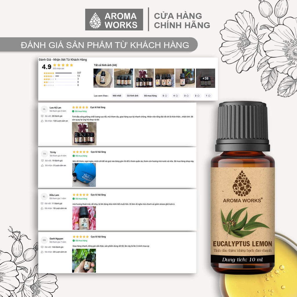 Tinh dầu bạch đàn chanh Aroma Works xông phòng, giúp dễ ngủ, thư giãn, đuổi muỗi, giải cảm, khử mùi 10ml -100ml