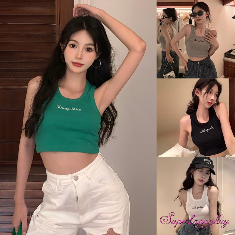 Áo Croptop Sát Nách Cổ Tròn Hoạ Tiết Chữ Thêu Cho Phái Nữ