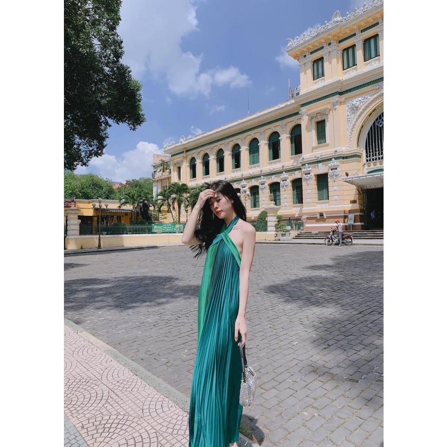 Đầm maxi dập ly cổ yếm phối màu đi tiệc đi biển xinh đẹp sống ảo XUKA-DRESS DT051