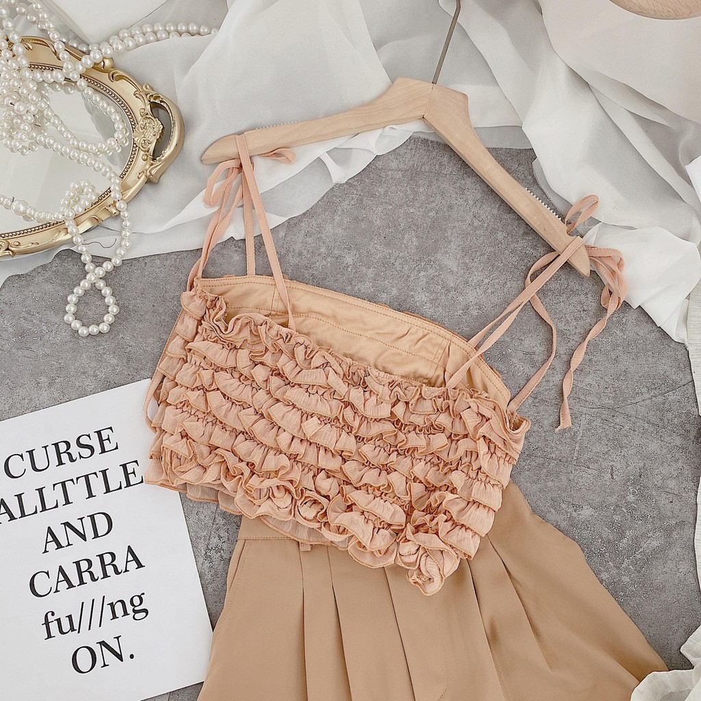 SET CROPTOP NUDE 2 DÂY BÈO TẦNG + QUẦN SUÔNG