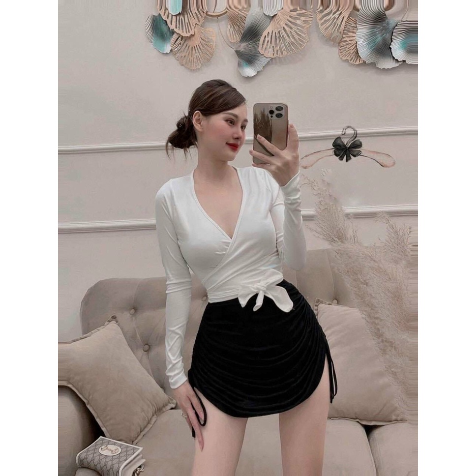 Set xinh áo tay dài lụa ly đắp chéo trước chân váy rút dây 2 bên sexy chất đẹp