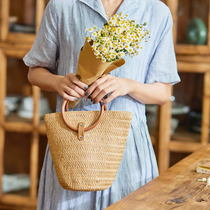 Túi Cói Tay Xách Gỗ Phong Cách Vintage Sang Trọng