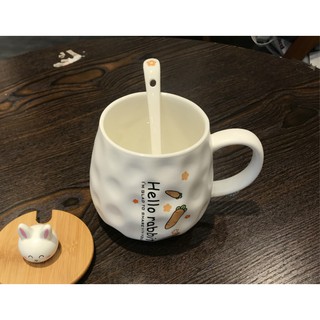 🌸Ly gốm sứ có nắp gỗ thỏ con dễ thương Hello rabbit🌸