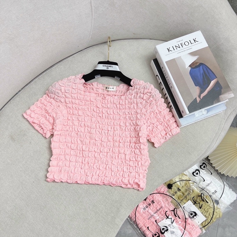 Áo sơ mi xốp croptop màu Hồng baby