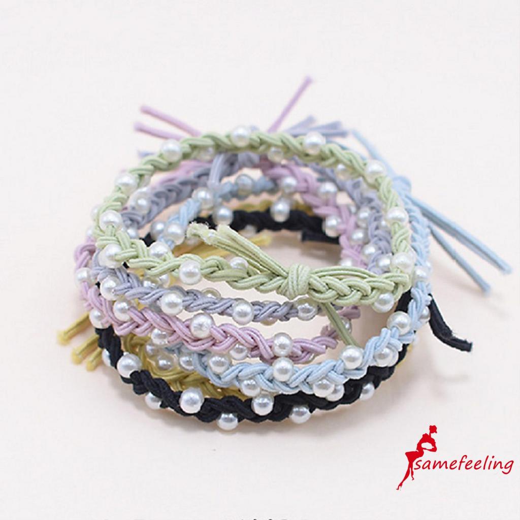 SF♫Pearl Bracelet Hair Circle, Candy Colored Rubber Band Three Thread Braided Headdress, Women´s Hair Accessories