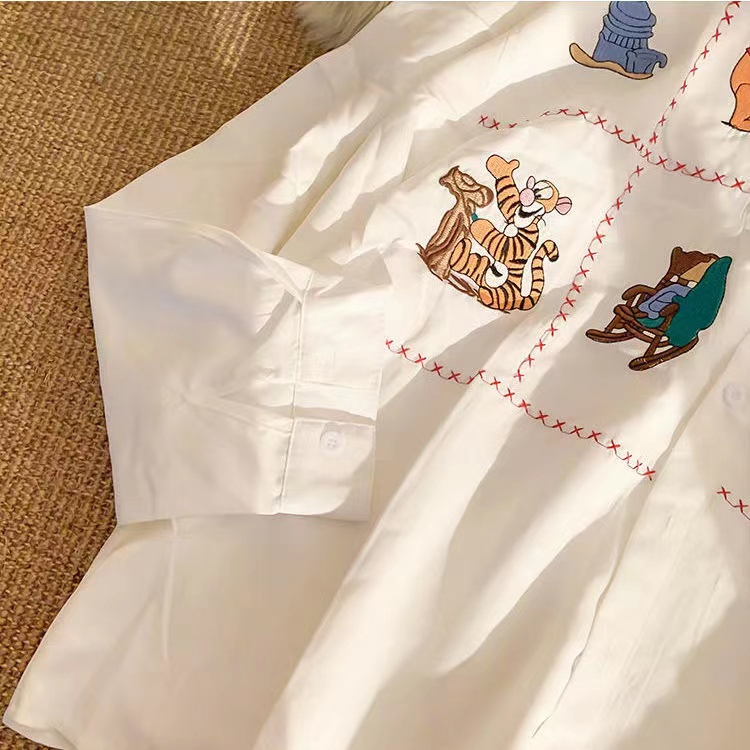 Hàng Có Sẵn Áo Sơ Mi Tay Dài Dáng Rộng Thêu Hình Hoạt Hình Phong Cách Hàn Quốc Baju Wanita Lengan Panjang Hàng Có Sẵn Cho Nữ