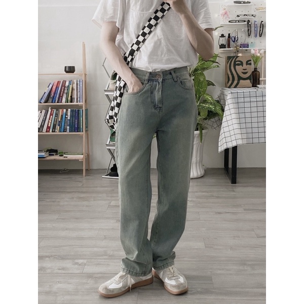 QUẦN BAGGY JEANS XÁM VÀNG TRƠN ỐNG RỘNG FORM UNISEX NAM NỮ (hình chụp thật)