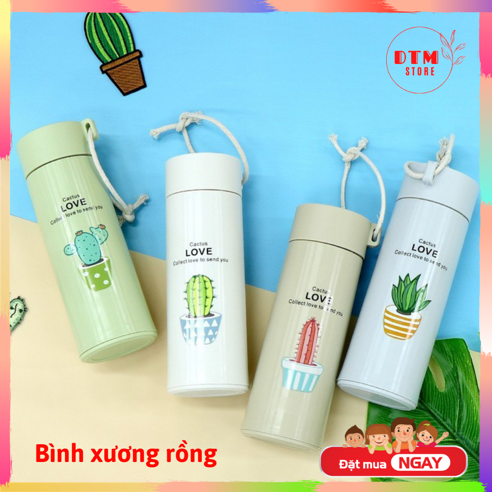 Bình nước in hình xương rồng 400ml lõi thủy tinh bọc vỏ nhựa lúa mạch có dây xách (GIAO MẪU NGẪU NHIÊN) từ DTM Store