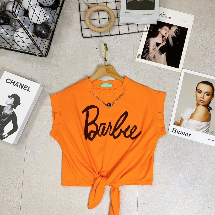 Áo Croptop nữ, áo croptop kiểu chất cotton mát dây buộc thiết kế trẻ trung cá tính in hình chữ Barbie