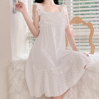 Váy ngủ lụa trắng phối ren xinh xắn quảng châu tiểu thư