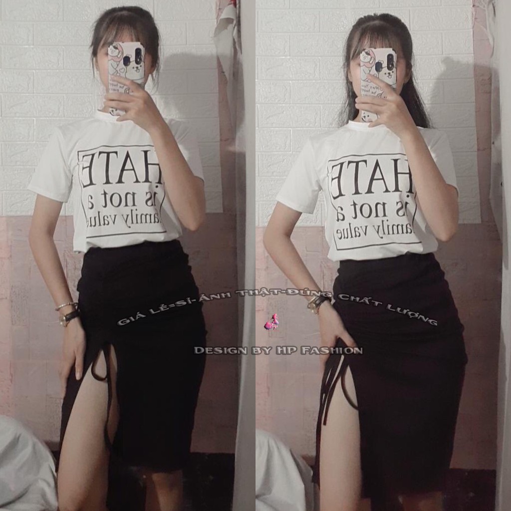 Set đồ nữ áo thun tay ngắn cổ tròn kèm quần lưng thun borip xẻ tà  rút dây mẫu mới alohashop91