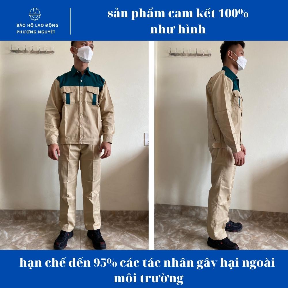 Quần áo bảo hộ lao động be vàng phối xanh két vải kaki 3/1 dày dặn, may đẹp may kĩ, không bai, không xù, không dão