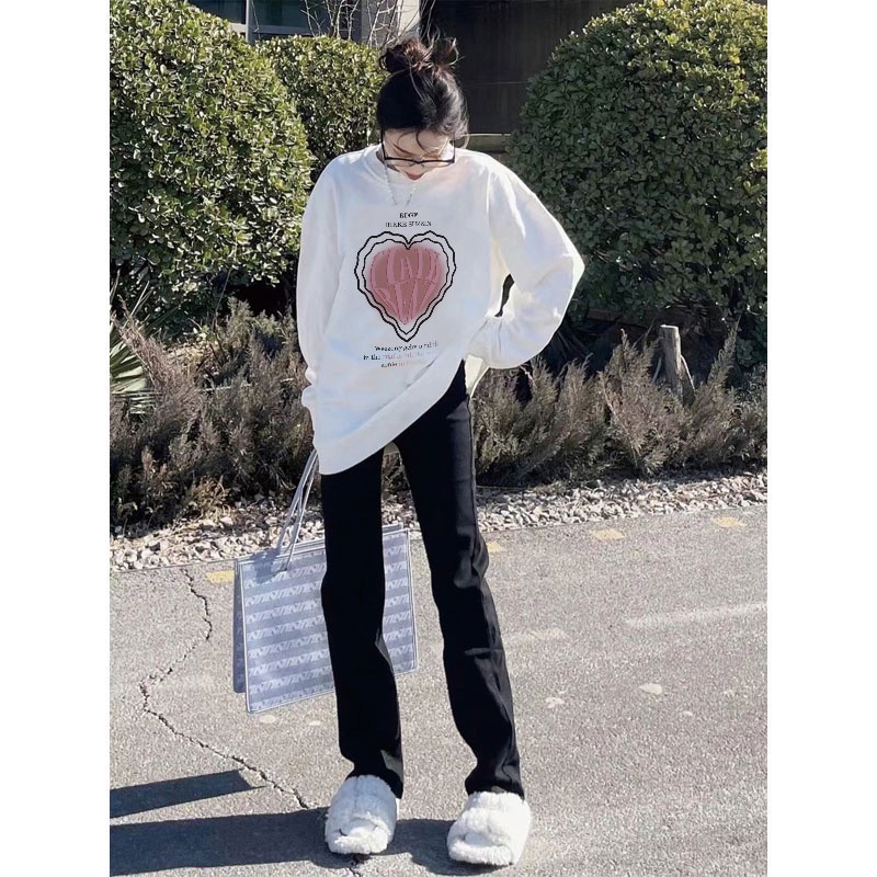 SELVZE Áo len chất cotton dáng rộng in họa tiết đường phố retro Mỹ chất lượng cao cho nữ