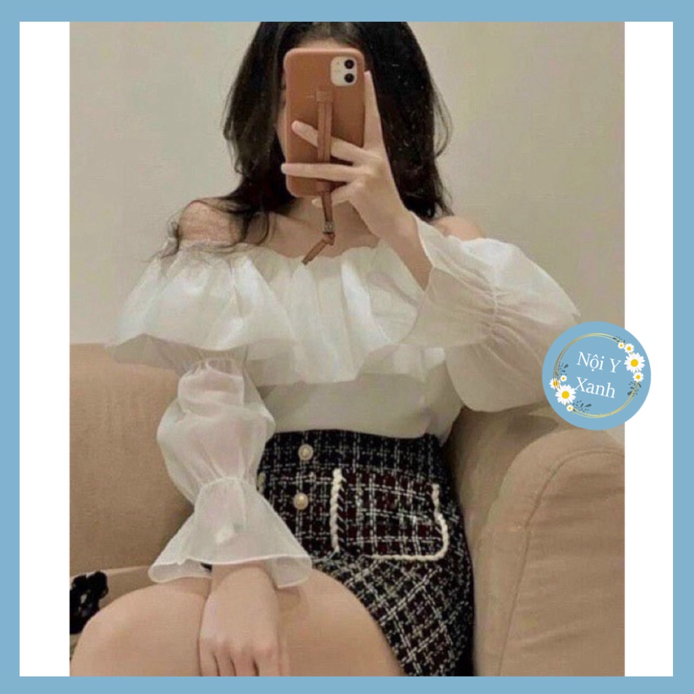 Áo sơ mi trễ vai công sở phong cách hàn quốc_001 ulzzang babydoll bánh bèo nội y xanh