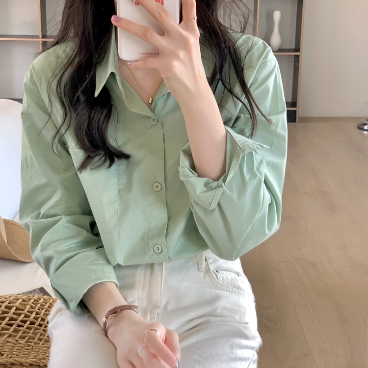 Áo Sơ Mi Tay Dài Xếp Chồng Màu Trắng Hồng 49350