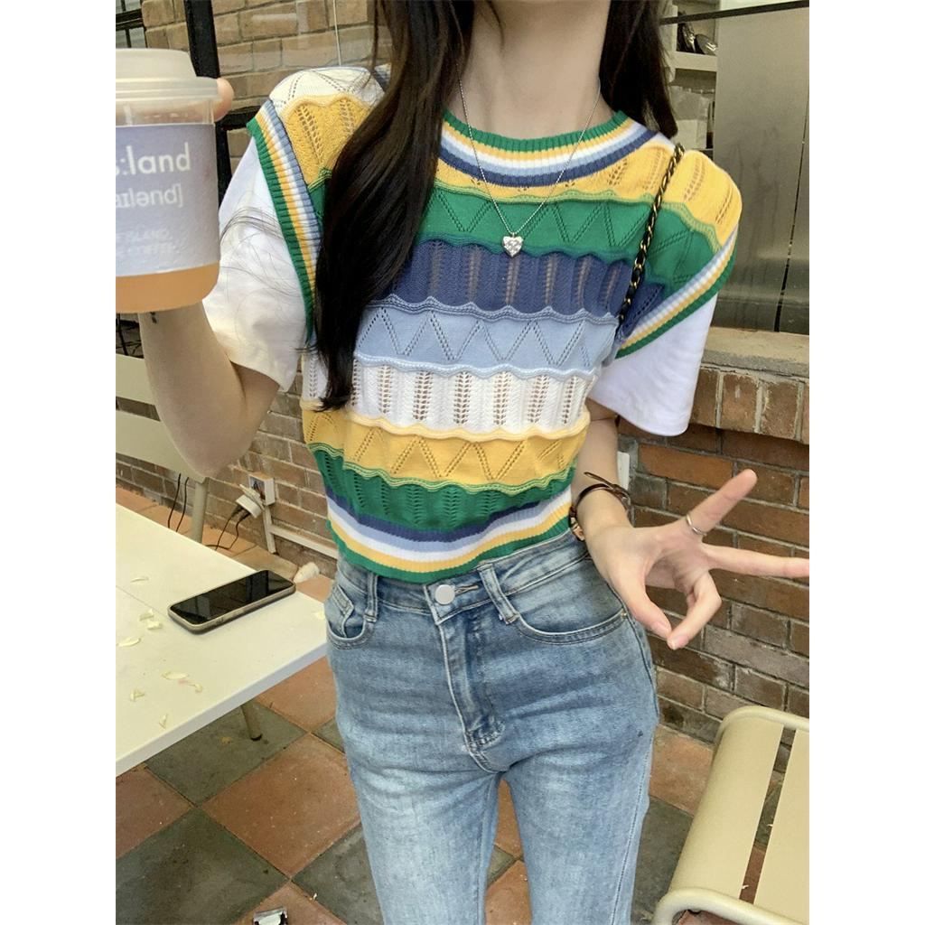 Áo Thun Ba Lỗ Vải Dệt Kim Kẻ Sọc Dáng Ngắn Thời Trang Cá Tính 63369