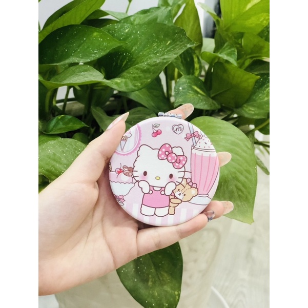 Gương 2 mặt tròn da PU HelloKitty Doreamon