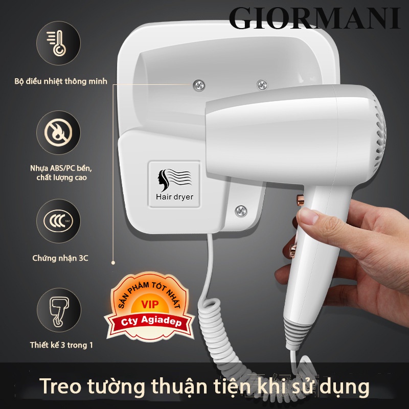 Máy sấy tóc treo tường có giá đỡ cho phòng tắm, Máy sấy tóc gắn tường cho khách sạn Giormani