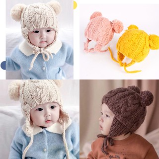 Mũ len 2 quả bông che tai ấm áp cho bé từ 6 tháng đến 3 tuổi